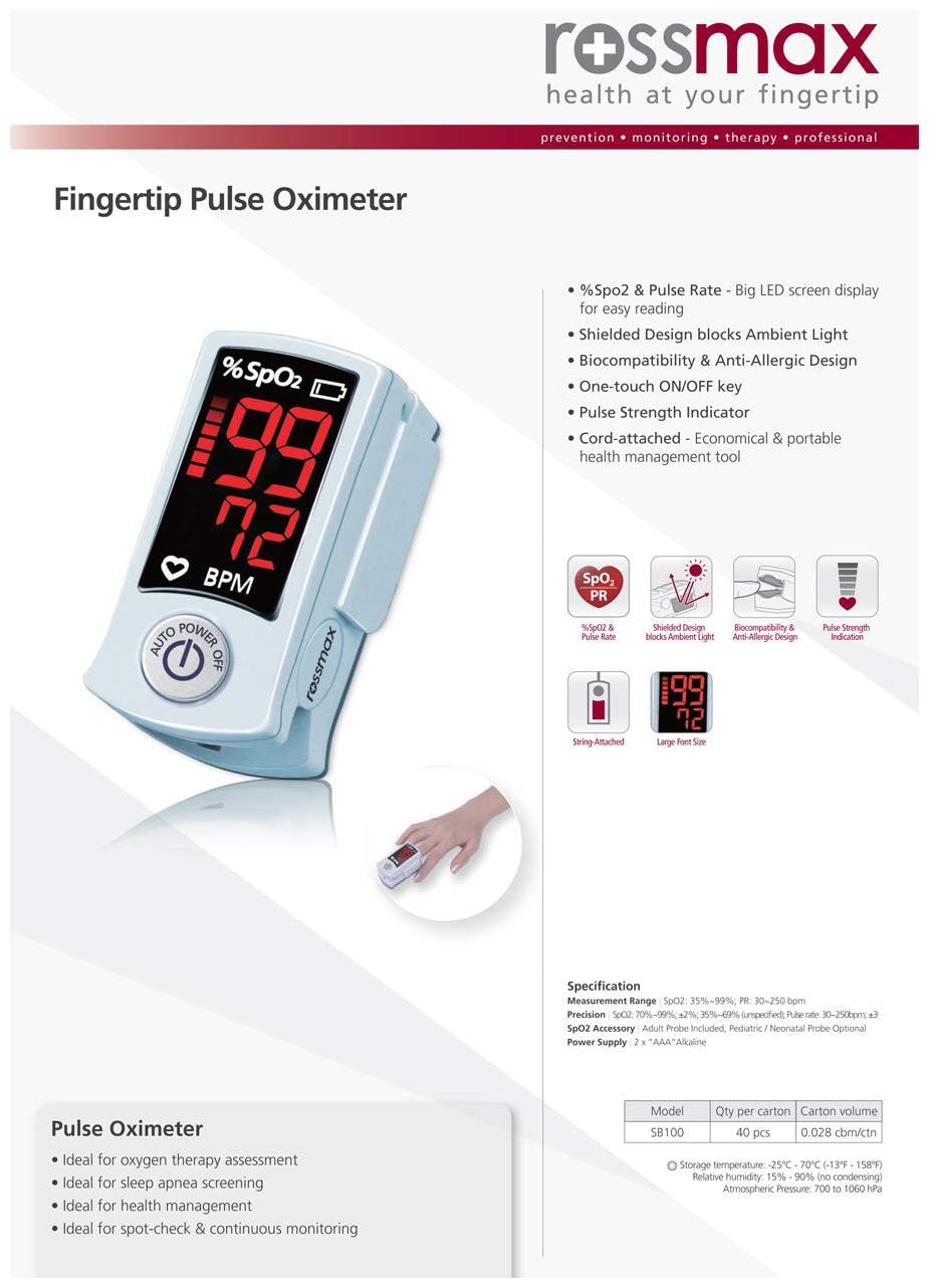 

Rossmax SB100 Fingertip Pulse Oximeter With Pulse Rate Strength Indicator Sp02 and Pulse Rate Black-Red (Black) Pack of 1