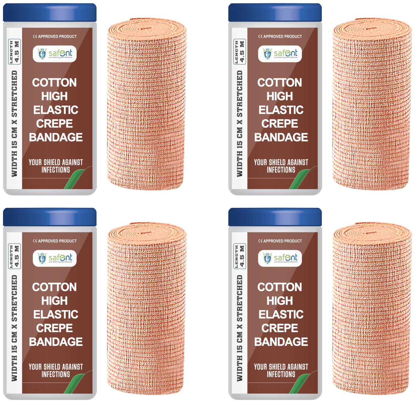 

Safent Cotton High Elastic Bandage - 6 Inch (breadth 15cm x length 450Cm) (Pack Of 4)