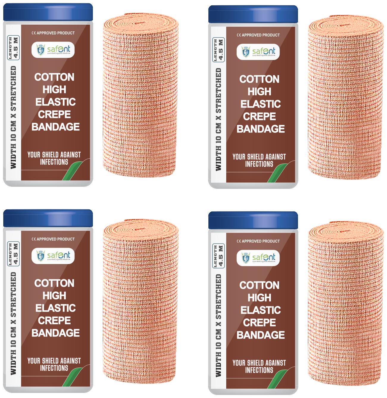 

Safent Cotton High Elastic Bandage - 4 Inch (breadth 10cm x length 450Cm) (Pack Of 4)