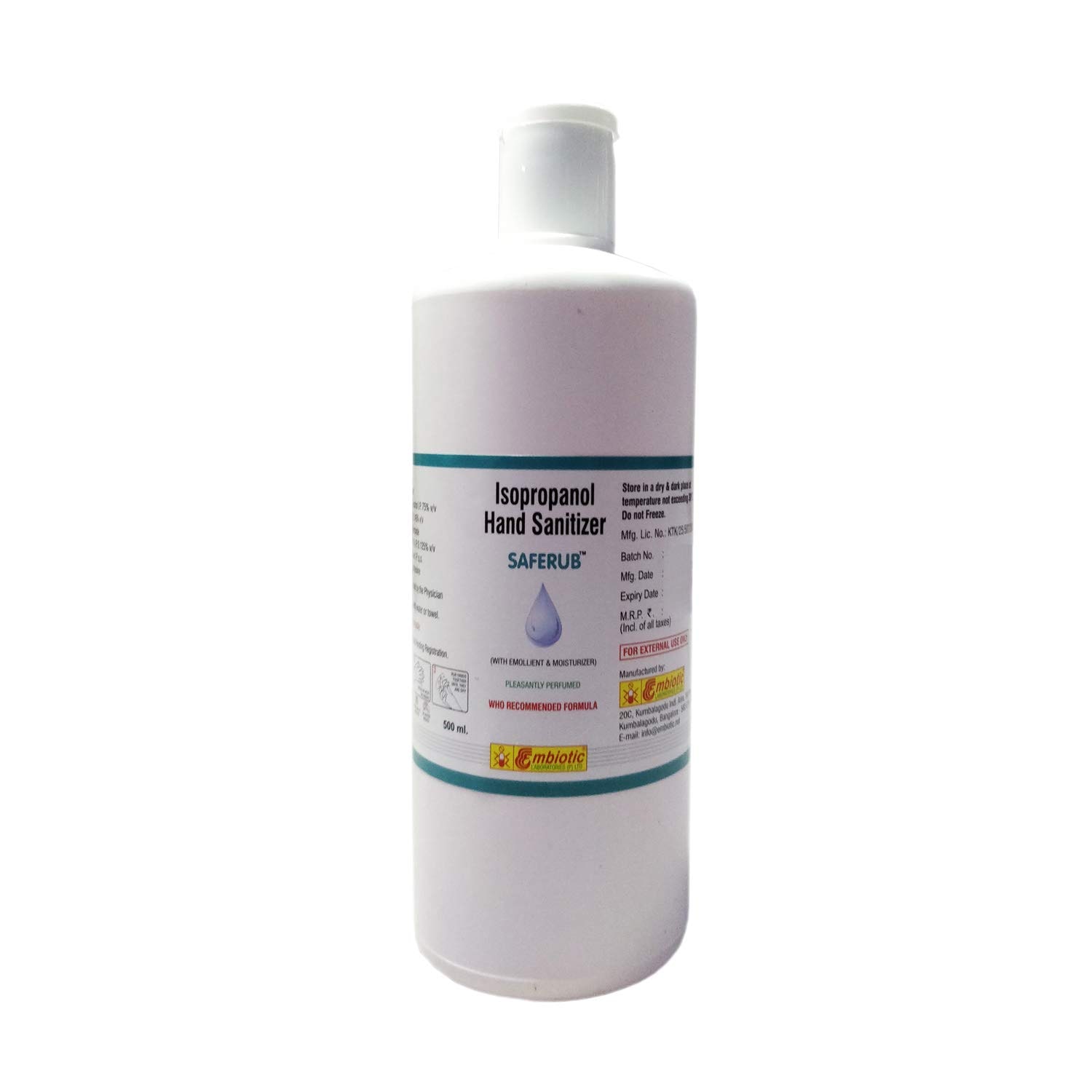 

Saferub 75 Alcohol Based Hand Sanitizer WHO recommended formula 500ml Fliptop Bottle