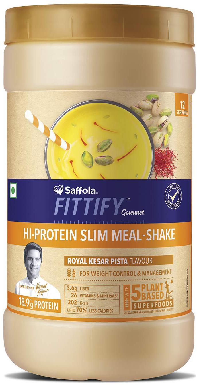 

Saffola FITTIFY Gourmet Hi Protein Slim Meal-Shake Meal Replacement with 5 superfoods Royal Kesar Pista 420 g (12 servings)