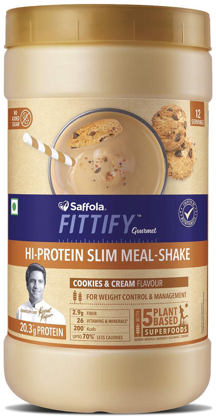 

Saffola FITTIFY Gourmet Hi Protein Slim Meal-Shake Meal Replacement with 5 superfoods Cookies Cream 420 g (12 servings)