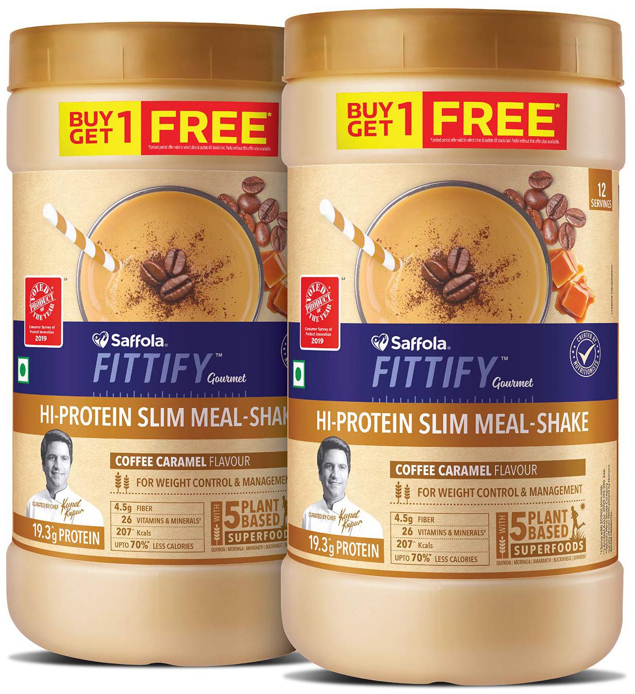 

Saffola FITTIFY Gourmet Hi-Protein Slim Meal Shake - Coffee Caramel 420 g (Buy 1 Get 1 Free)