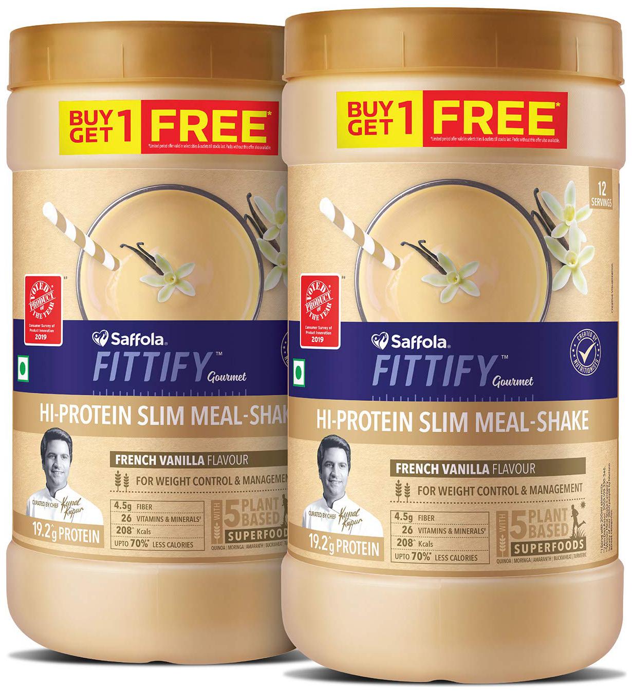 

Saffola FITTIFY Gourmet Hi-Protein Slim Meal Shake - French Vanilla 420 g (Buy 1 Get 1 Free)