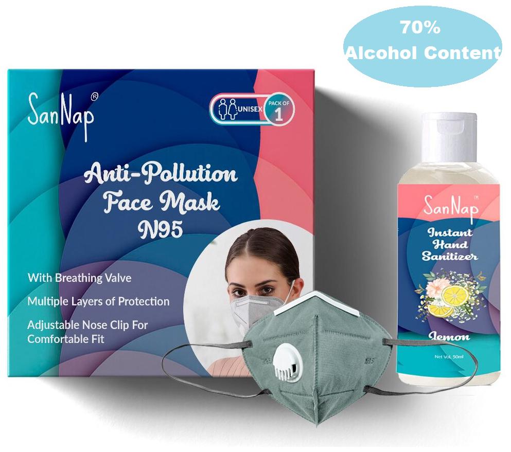 

SanNap Anti Pollution Activate Virus Protection N-95 Mask(Pack of 1) And Free SanNap 70 Alcohol Content Hand Sanitizer - 50ml