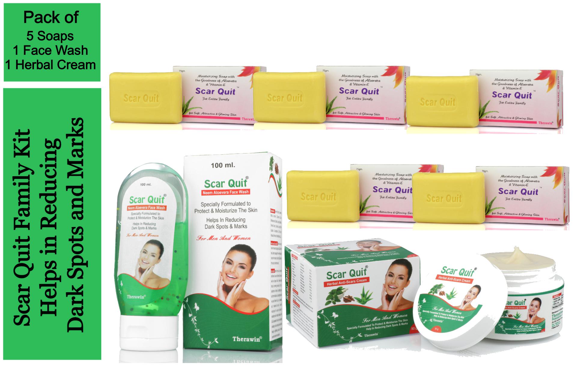 

Scar Quit Family Kit ( 75 g x 5 pcs Soap Face Cream 50 g and Face Wash 100 ml ) Pack Of 7