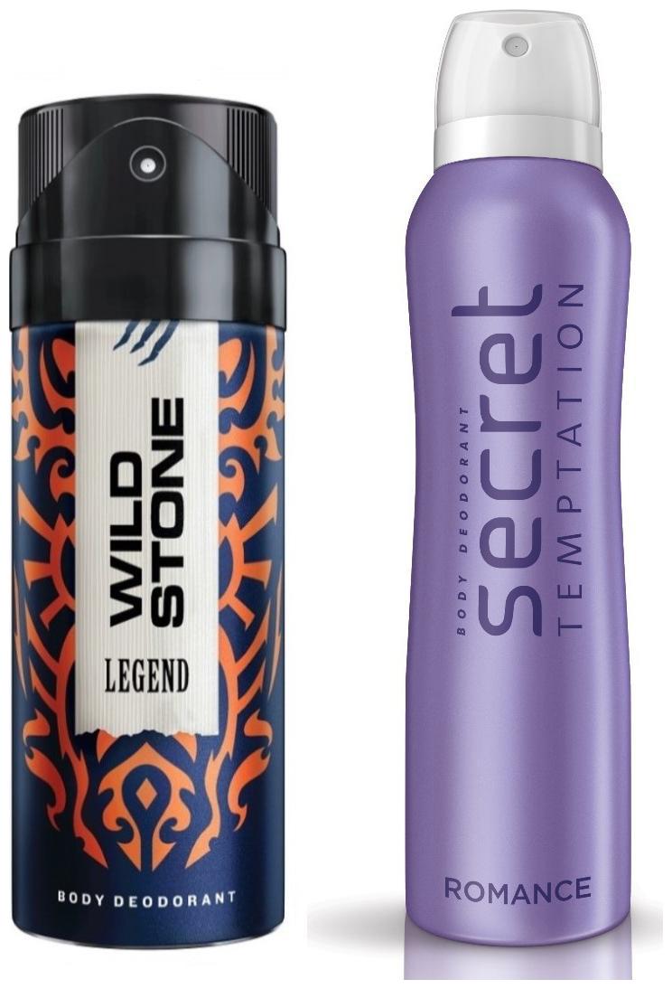 

Secret Temptation Romance Deodorant For Women and Wild Stone Legend Deodorant for Men (150 ml each) Pack of 2