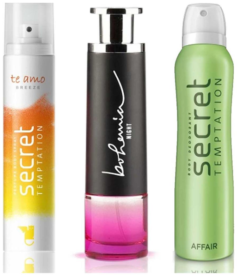 

Secret Temptation Bohemia Night Edp (100 ml) Te Amo Breeze Perfume Body Spray For Women (120 ml) and Affair Deodorant For Women (150 ml)