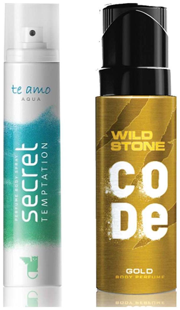 

Secret Temptation Te Amo Aqua Perfume Body Spray For Women and Wild Stone Code Gold Perfume Body Spray (120 ml each) Pack of 2