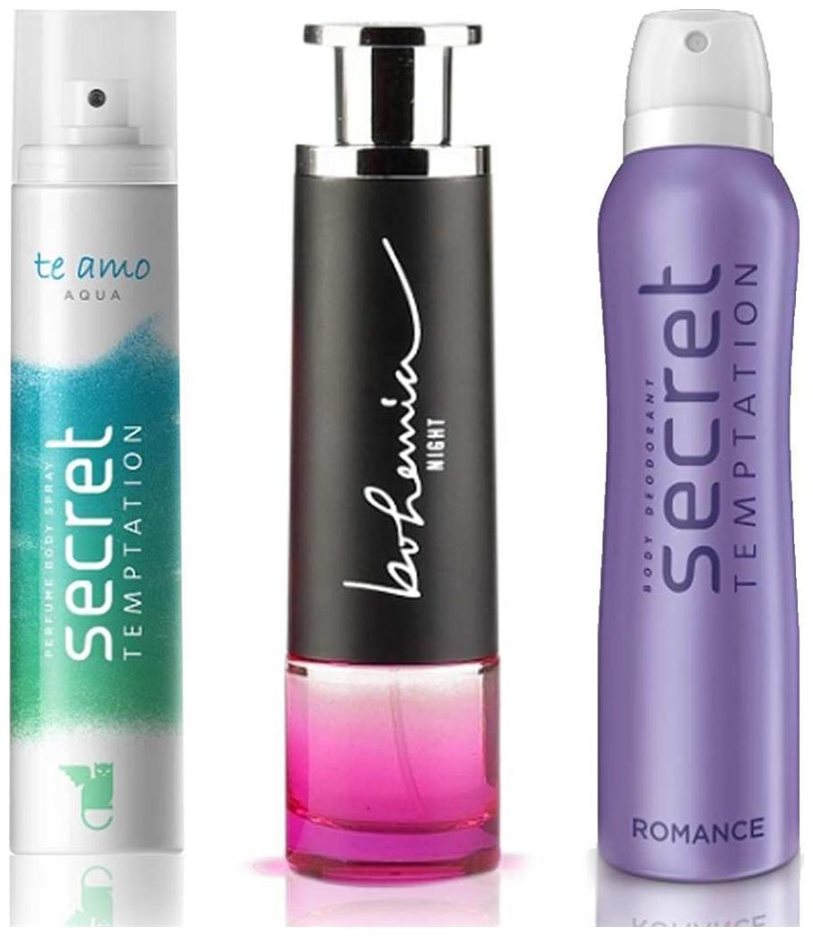 

Secret Temptation Bohemia Night Edp (100 ml) Te Amo Aqua Perfume Body Spray For Women (120 ml) and Romance Deodorant For Women (150 ml)
