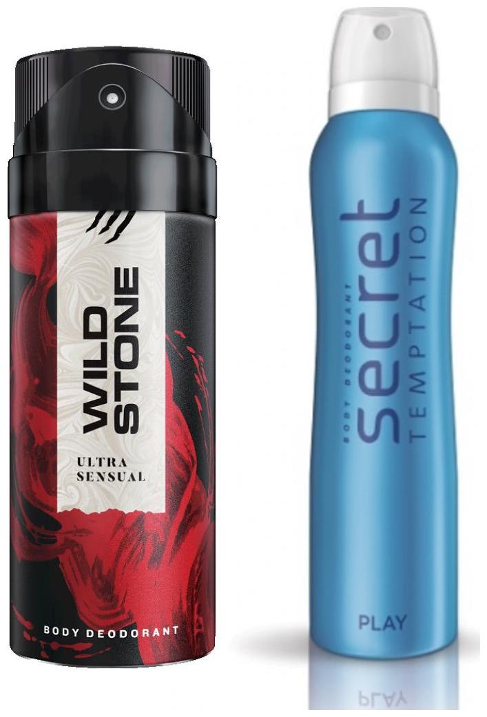 

Secret Temptation Play Deodorant For Women and Wild Stone Ultra Sensual Deodorant for Men (150 ml each) Pack of 2