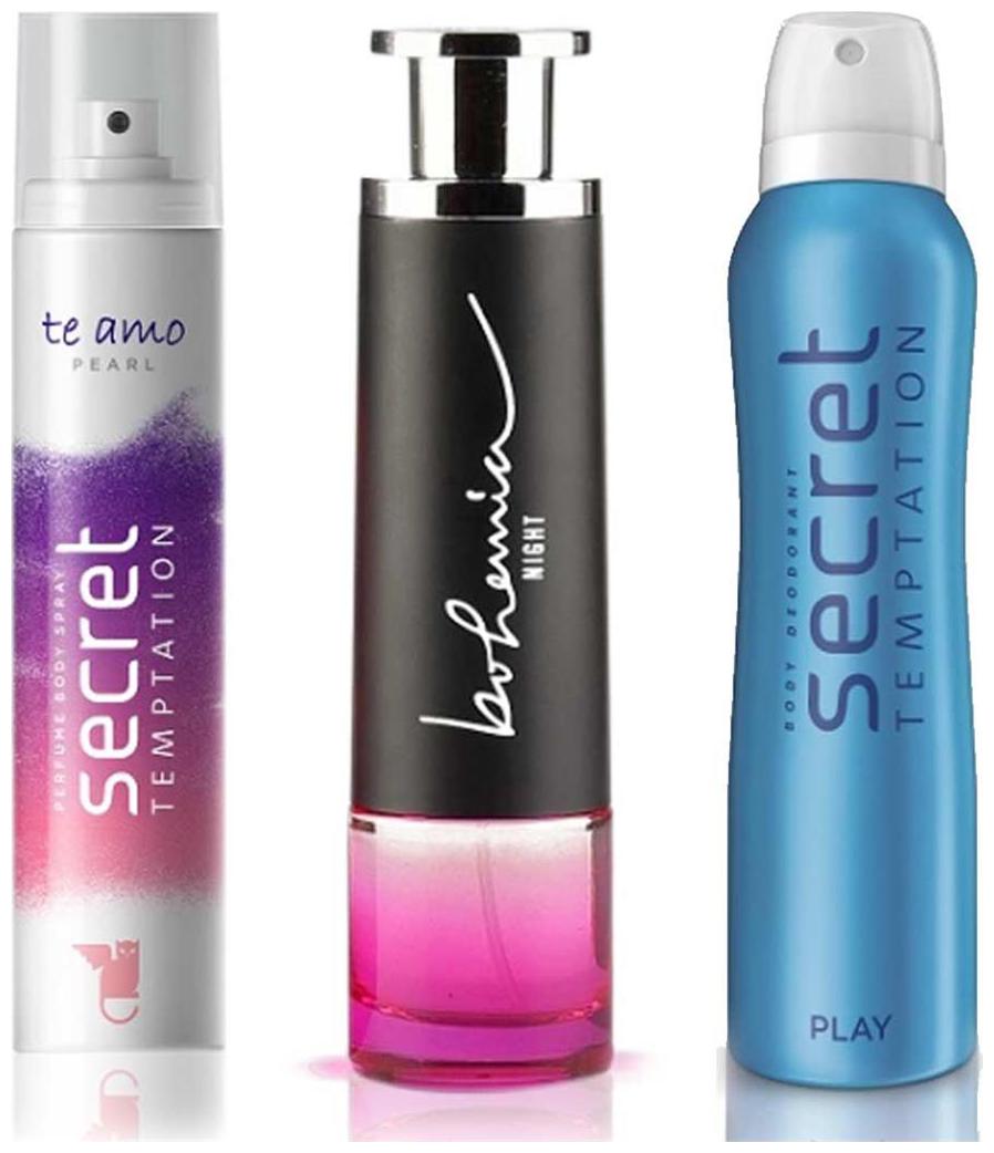 

Secret Temptation Bohemia Night Edp (100 ml) Te Amo Pearl Perfume Body Spray For Women (120 ml) and Play Deodorant For Women (150 ml)