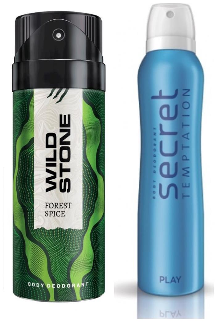 

Secret Temptation Play Deodorant For Women and Wild Stone Forest Spice Deodorant for Men (150 ml each) Pack of 2