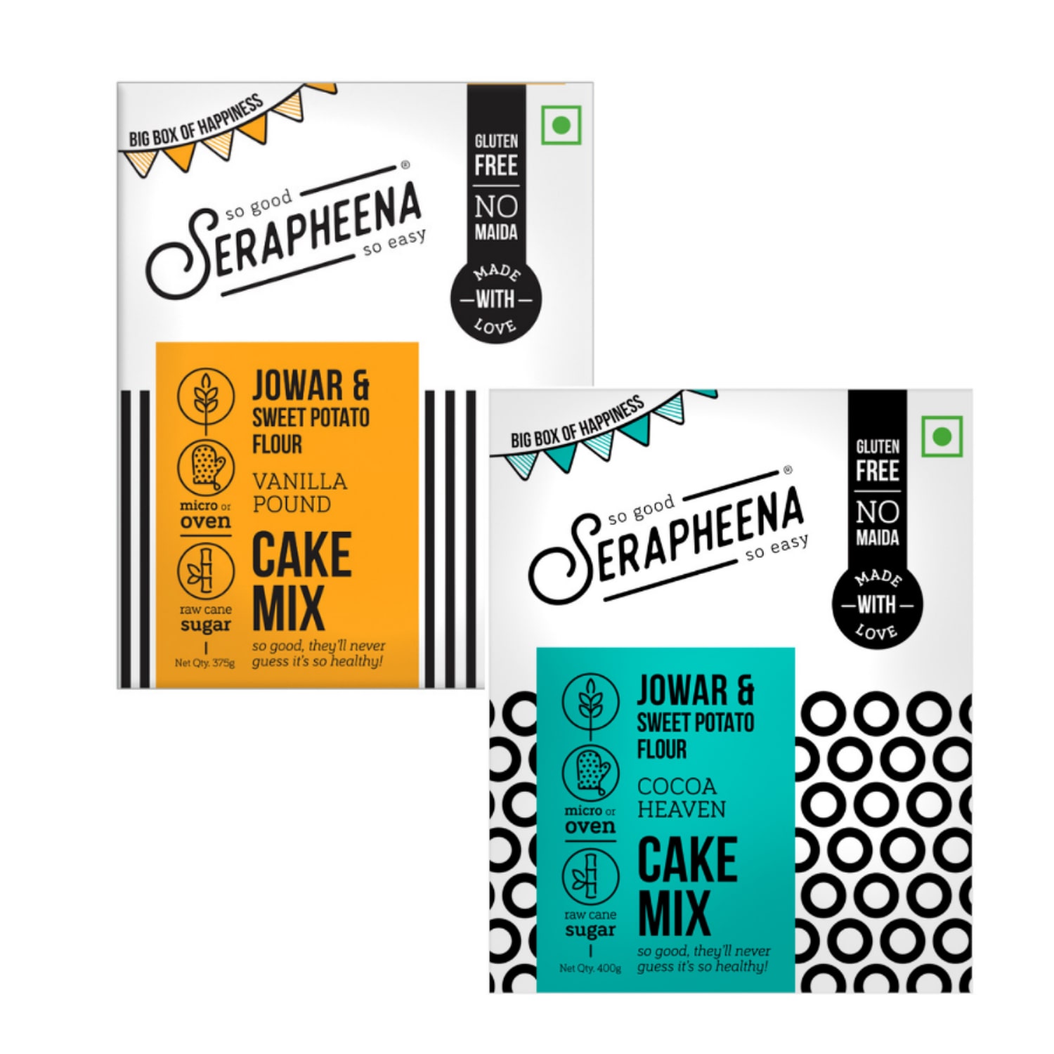 

Serapheena Cake Mix- Chocolate Cocoa Heaven 400g and Vanilla Pound 375g Big Box of Happiness Gluten Free Jowar and Sweet Potato Baking Mix ( Pack of 2)