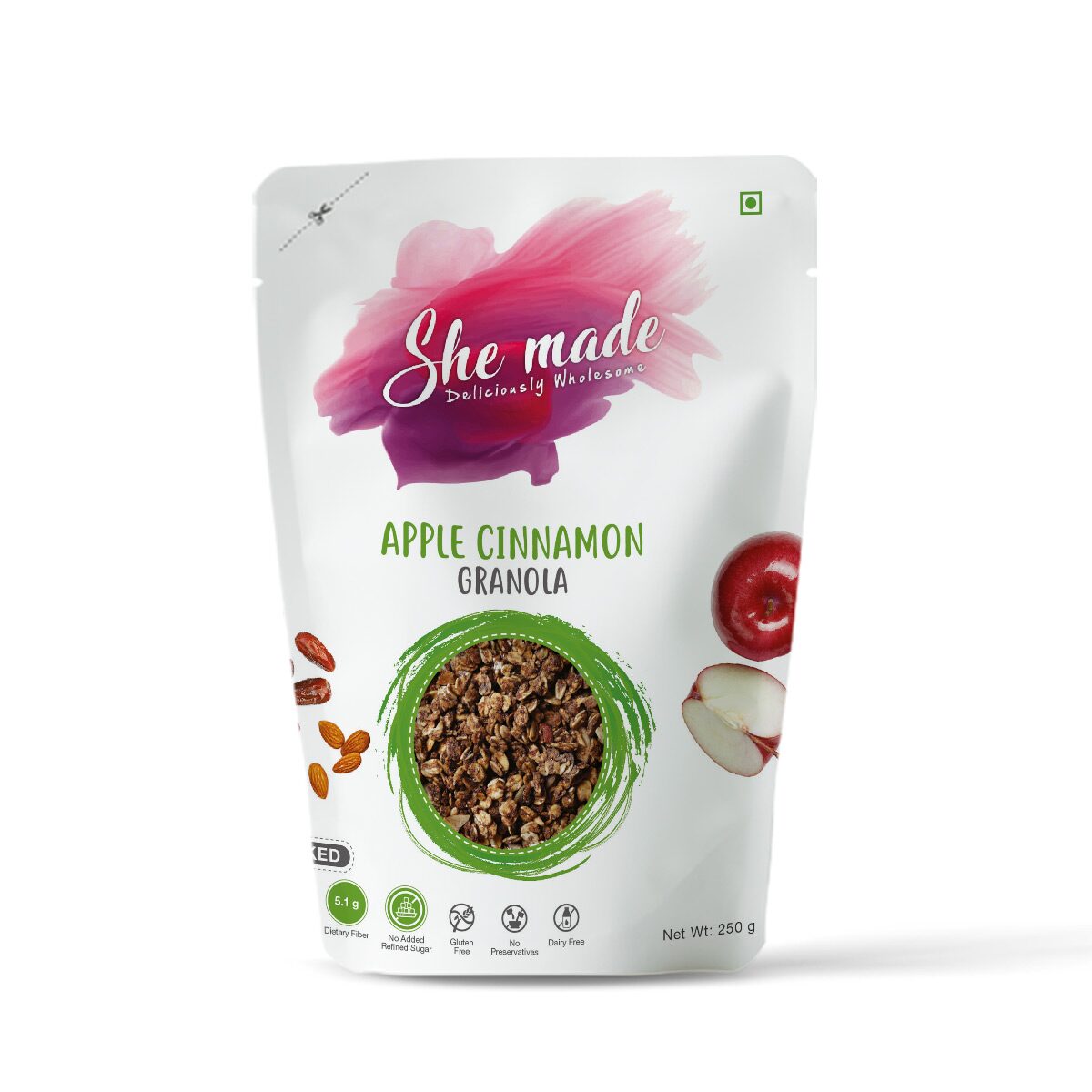 

She Made Apple cinammon granola 250 g ( Pack of 1 ) Gluten-free Baked Not Fried Energized Mornings Vegetarian Children Maternity Favourite Diet and Healthy Breakfast