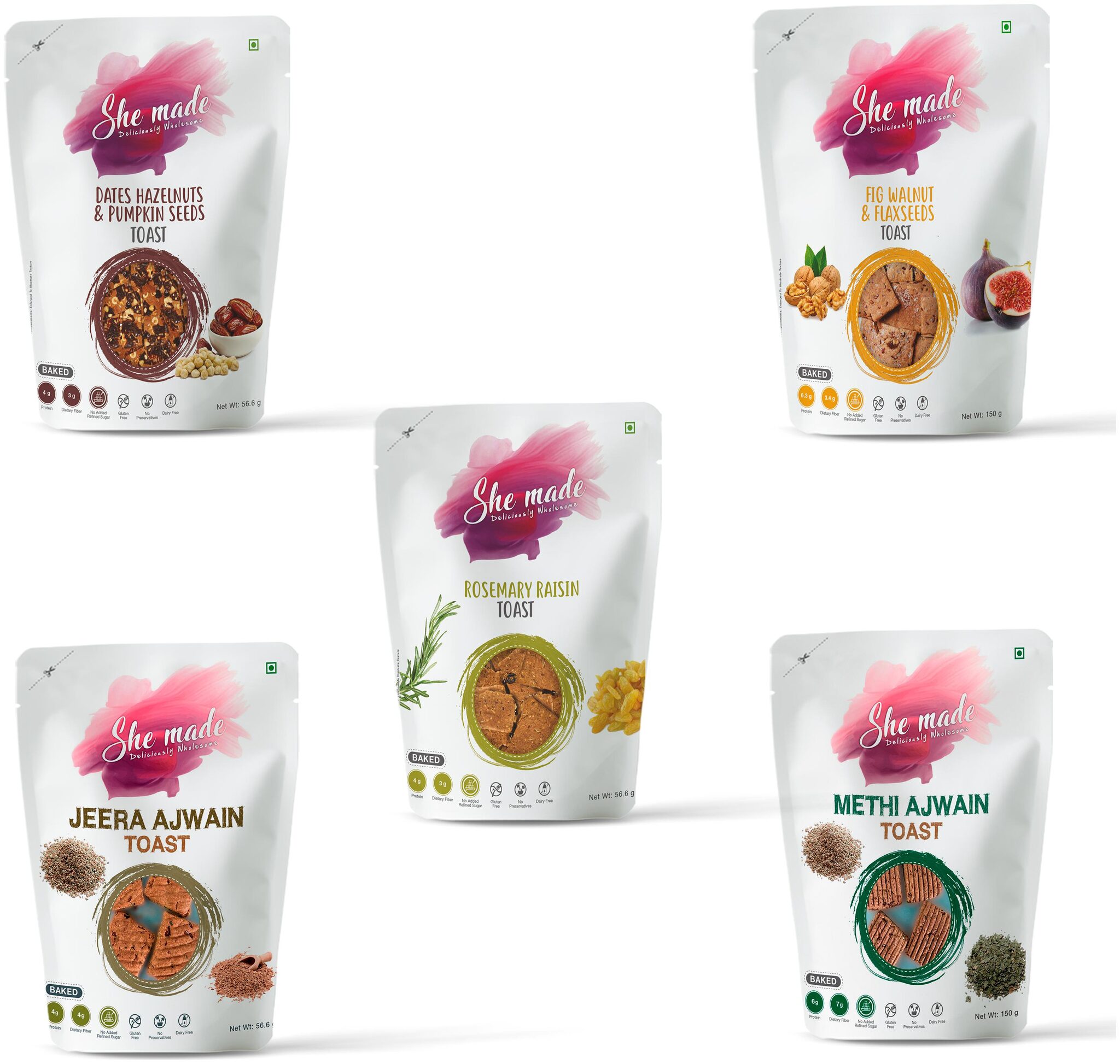 

She Made Assorted Toast 56 6gm (Fig Rosemary raisin Date Methi ajwain Jeera ajwain)(Pack of 5) Gluten-free Baked Not Fried Vegetarian Diet and Healthy Snacks