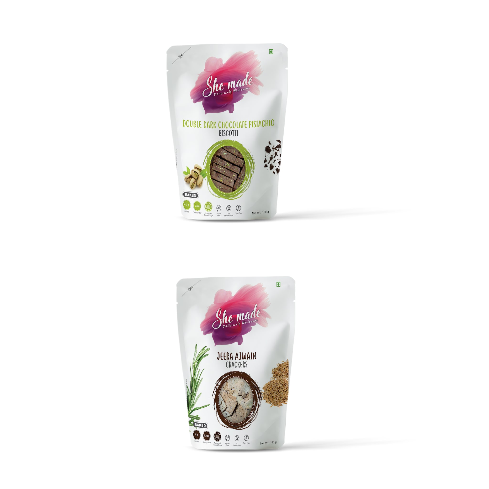 

She Made Assorted Jeera Ajwain Crackers 150 g Double Dark Chocolate Pistachio Biscotti 150 g (Pack of 2) Gluten-free Baked Not Fried Vegetarian Diet and Healthy Snacks
