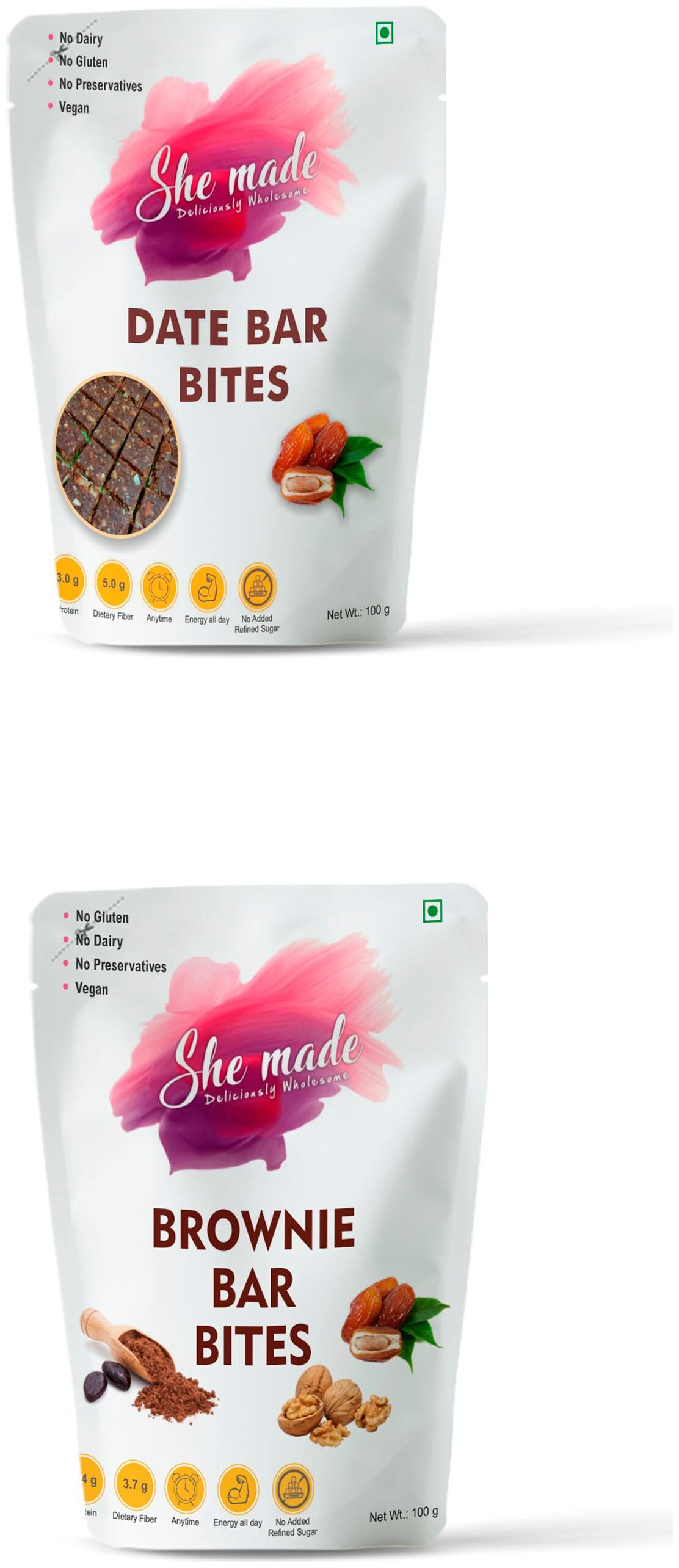 

She Made Assorted Bar Bites 200g (Brownie-100g Date-100g)(Pack of 2) Energy Nutrition Bar Minis Gluten-free Vegan Diet and Healthy Snacks