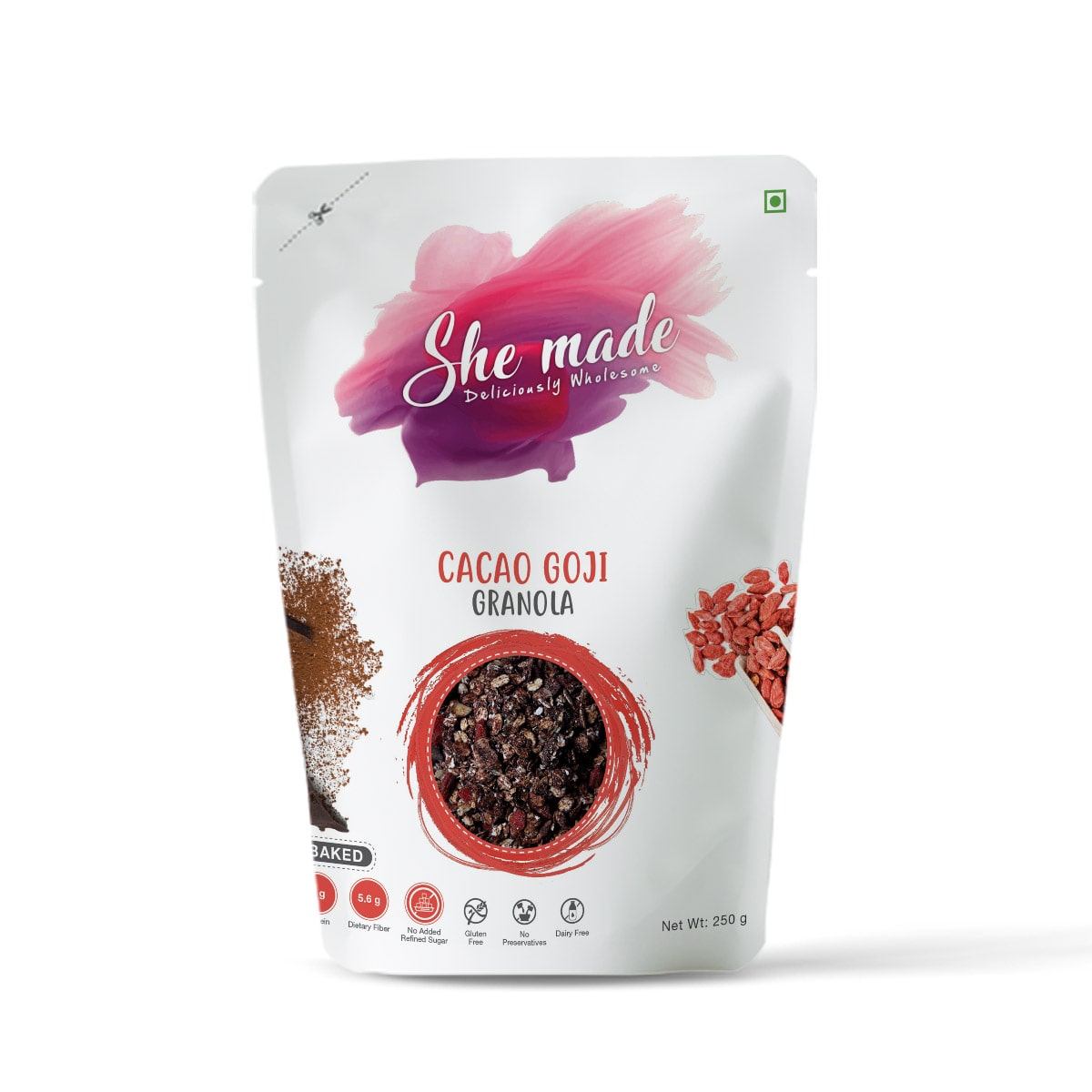 

She Made Cacao goji granola 250 g ( Pack of 1 ) Gluten-free Baked Not Fried Energized Mornings Vegetarian Children Maternity Favourite Diet and Healthy Breakfast
