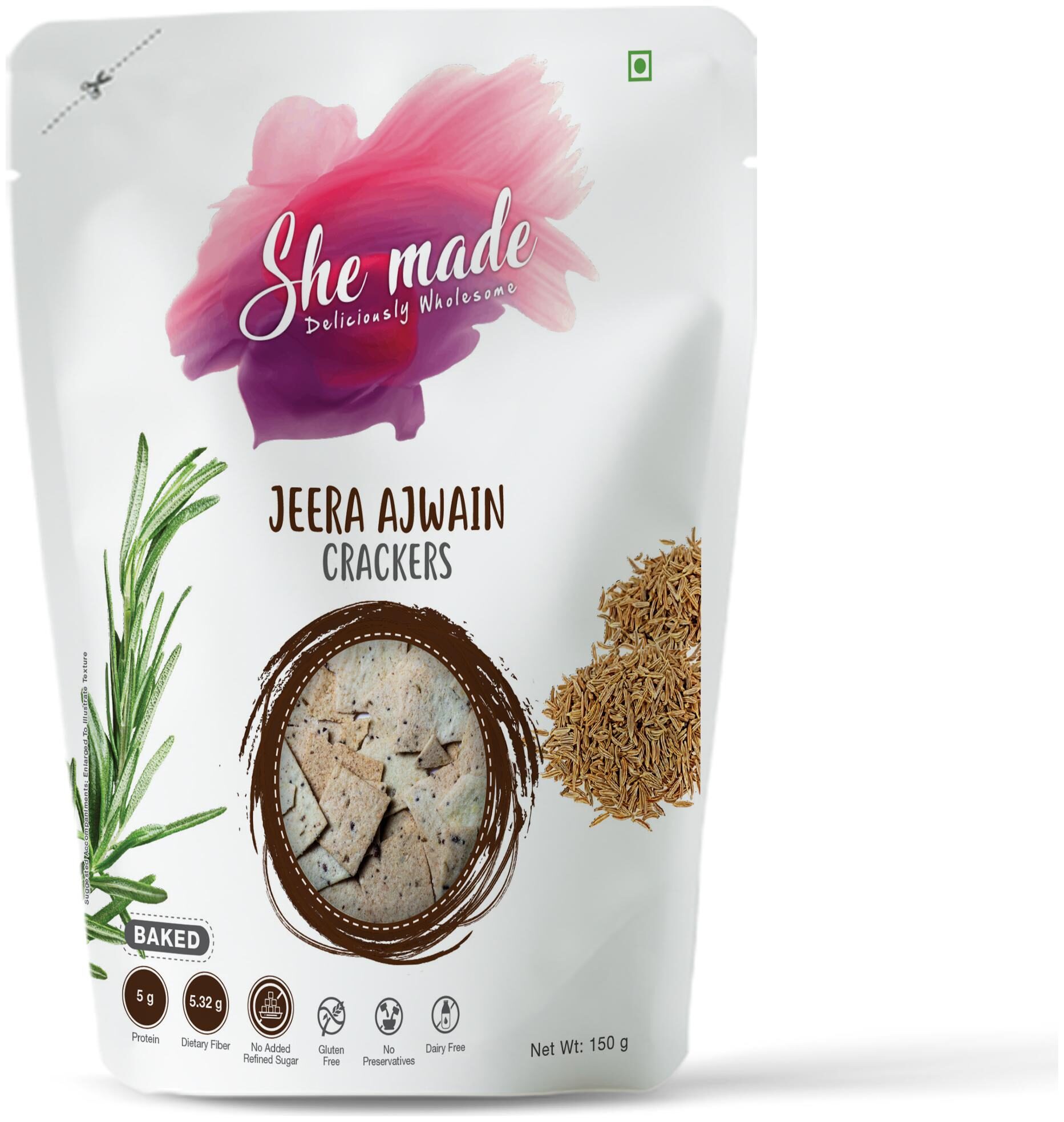 

She Made Jeera ajwain Cracker 150 g Gluten-free Baked Not Fried Vegetarian Diet and Healthy Snacks