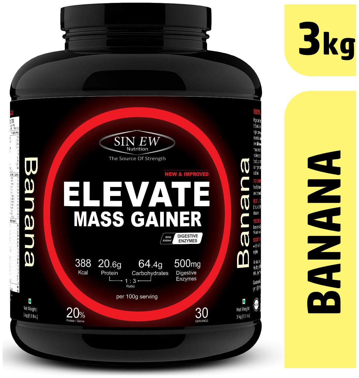 

Sinew Nutrition Elevate Mass Gainer Complex Carb Proteins In 3 1 Ratio With Digienzymes 3 kg (6 6 lb) - Banana Flavor
