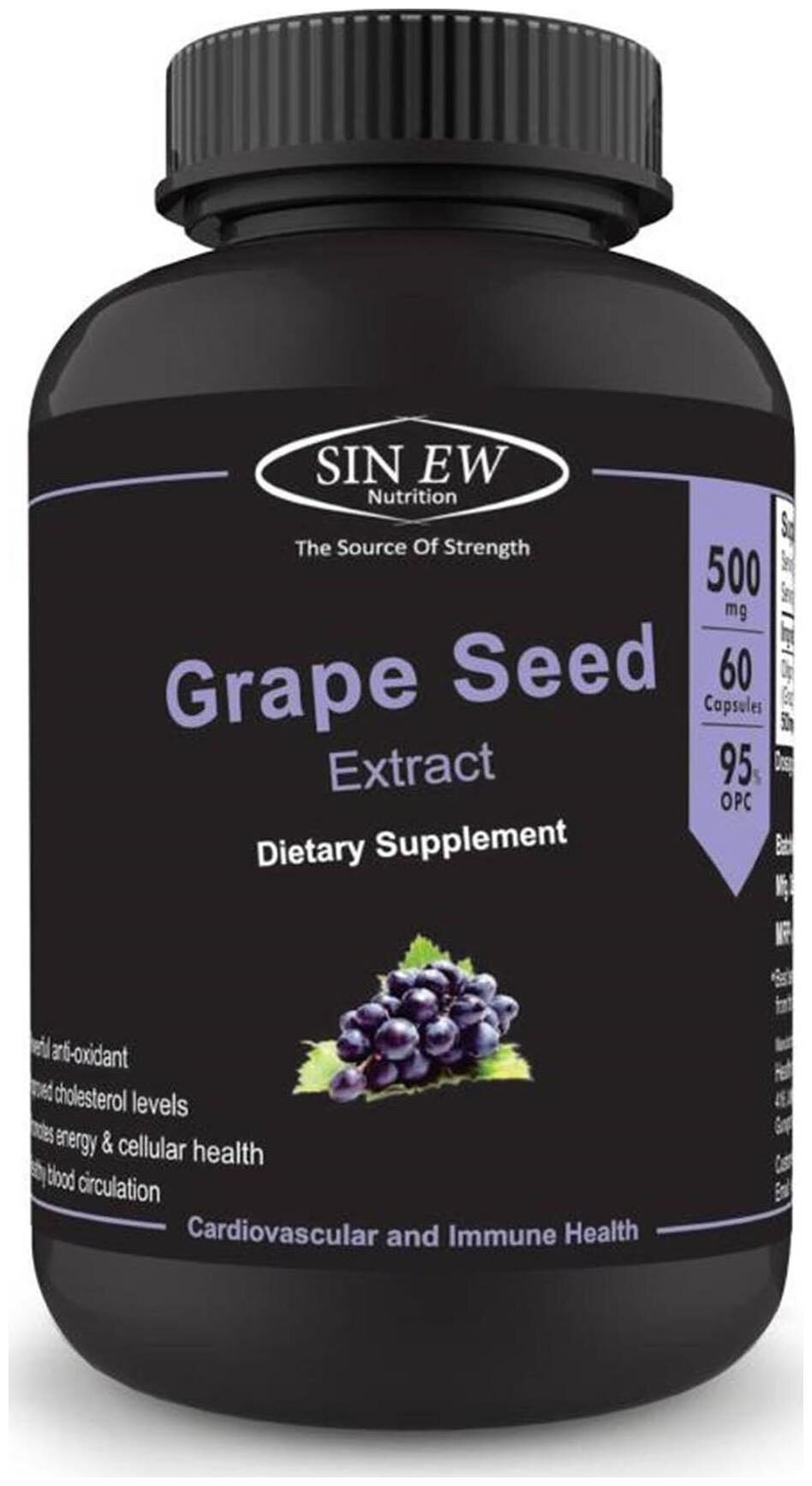 

Sinew Nutrition Grape Seed Extract - (60 Capsules) 500 mg Per Serving 100 Veg Pure Natural Dietary Supplement