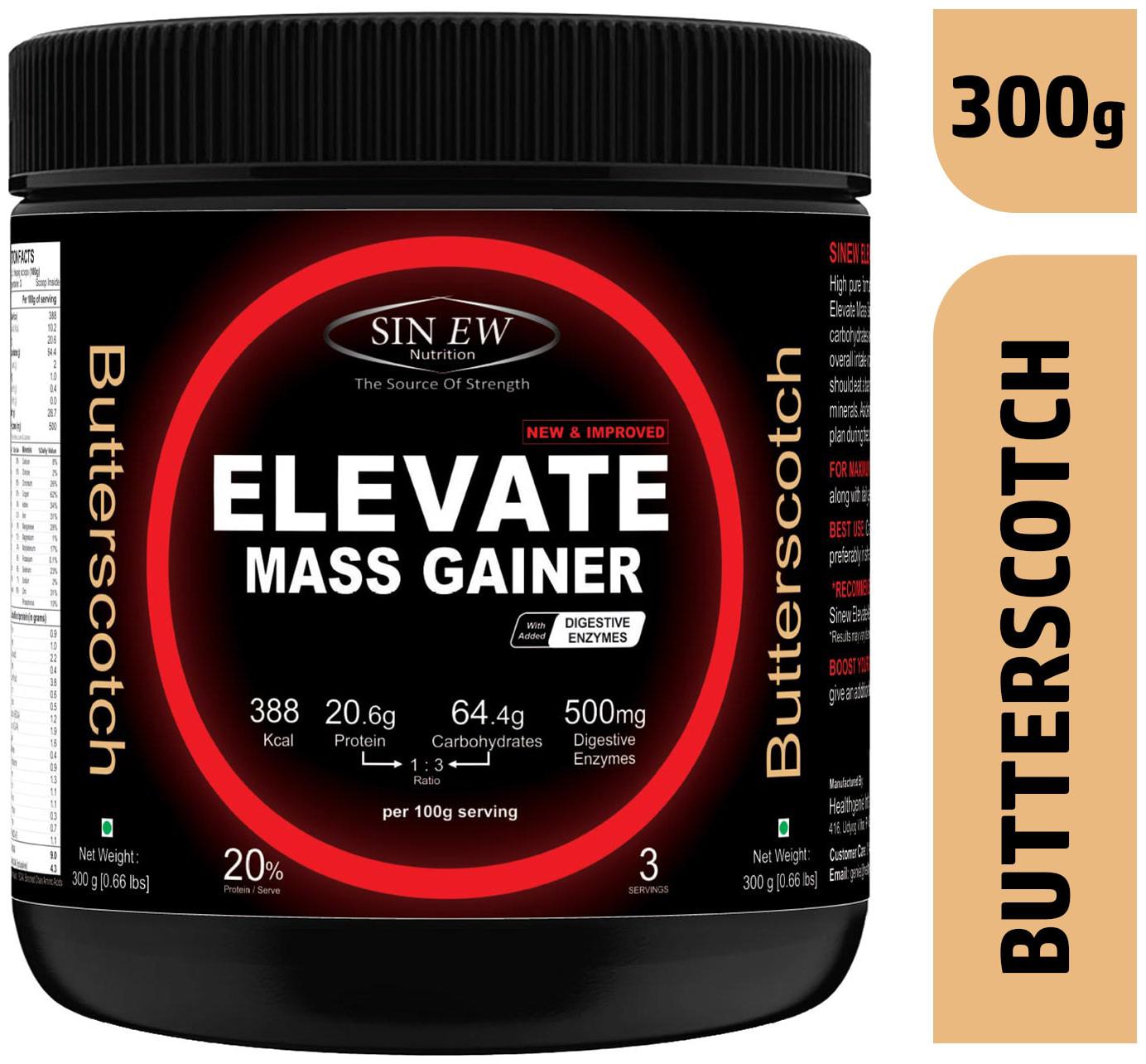 

Sinew Nutrition Elevate Mass Gainer Complex Carb Proteins In 3 1 Ratio With Digienzymes 300 g 0 66lb - Butterscotch Flavor