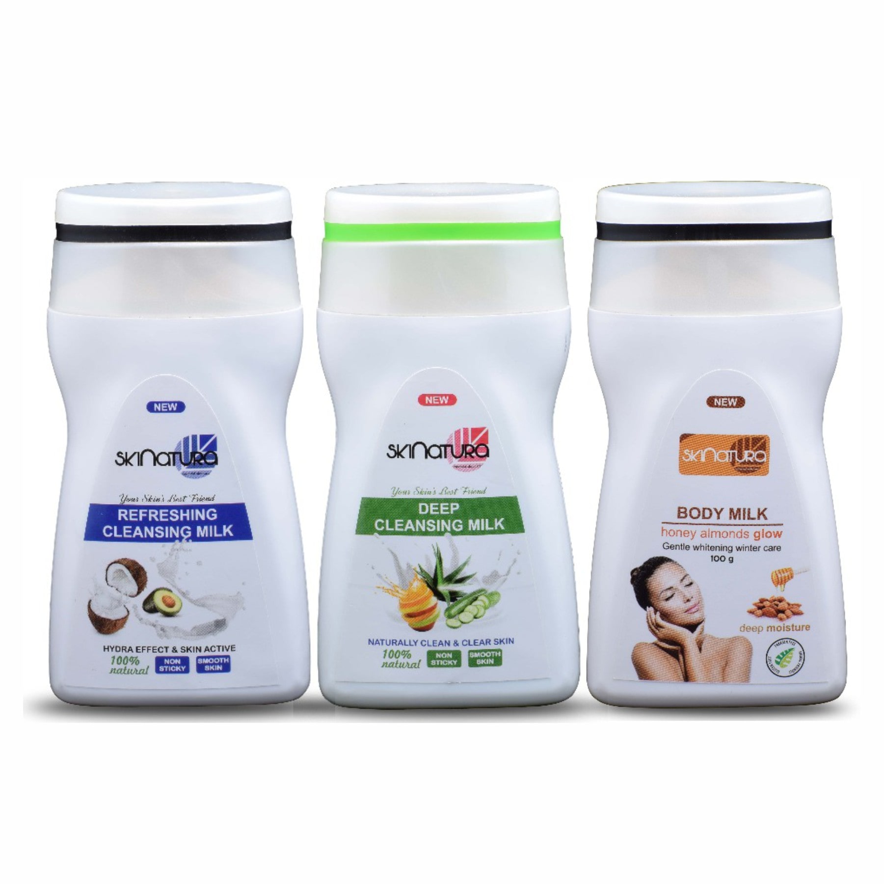 

Skinatura Refreshing Cleansing Milk Deep Cleansing Milk Honey Almonds Glow Body Milk 100g each (Pack of 3)