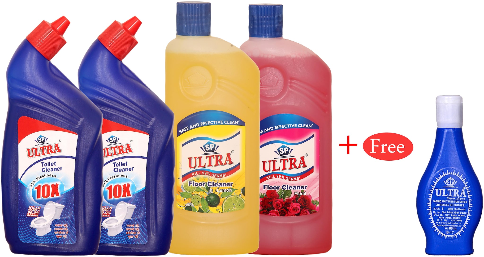 

Sp Ultra Combo 2 Toilet Cleaner 1 Lemon Floor Cleaner 1 Rose Floor Cleaner 500 ml and Febric Whitner Free 80 ml (Pack of 4)