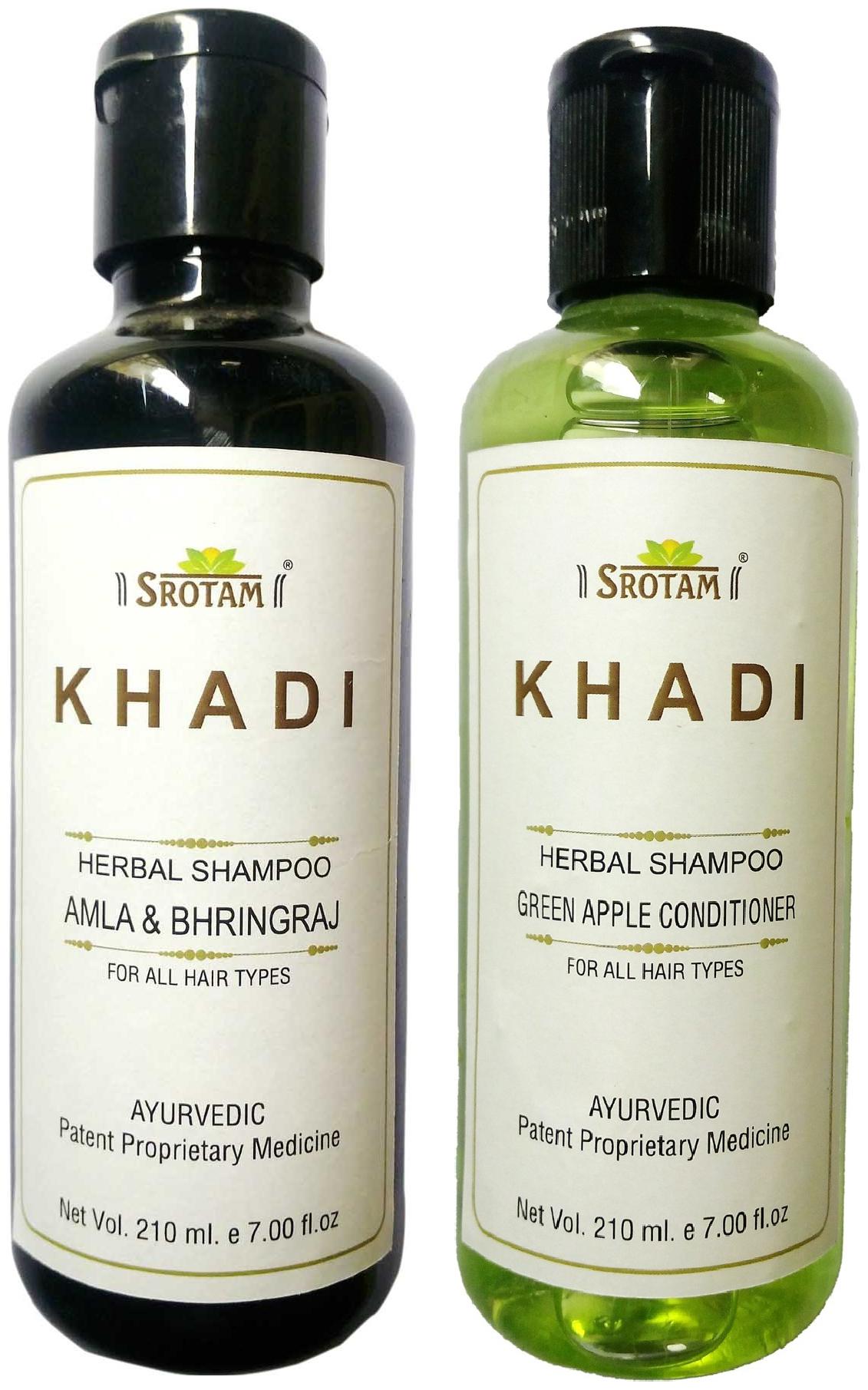 

Srotam Khadi Herbal A mla Bhirngraj and Green Apple Conditioner Shampoo 210 ml( Set Of 2 Bottles)