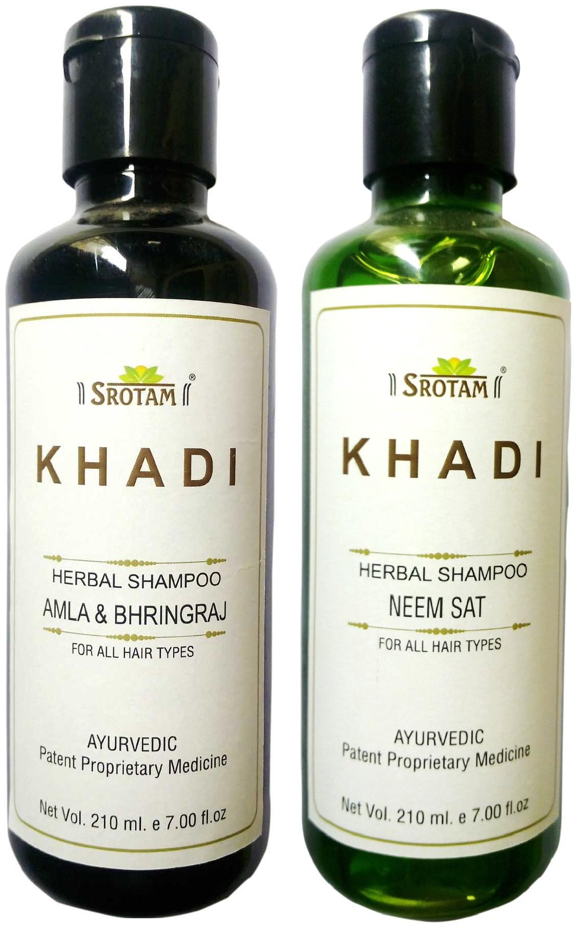 

Srotam Khadi Herbal A mla Bhringraj and Neem Sat Shampoo 210 ml( Set Of 2 Bottles)