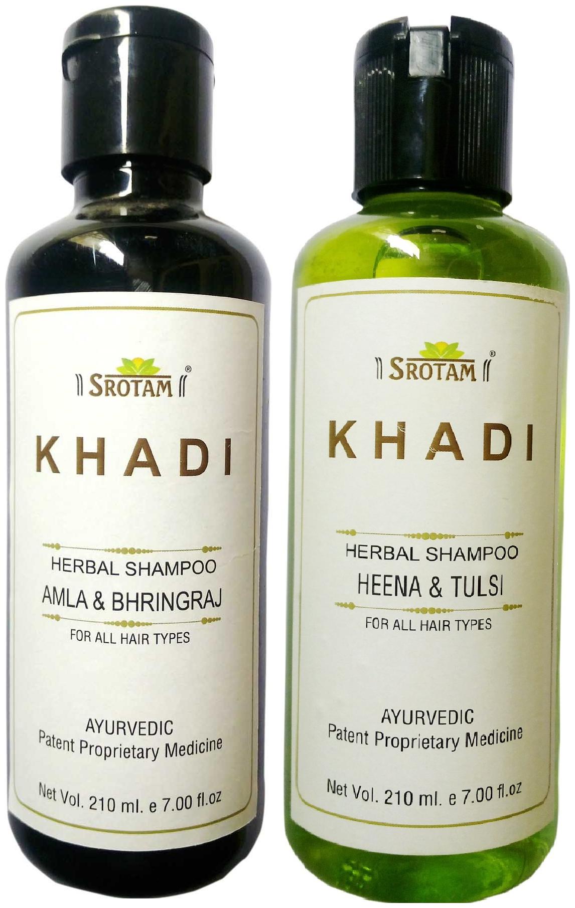 

Srotam Khadi Herbal A mla Bhirngraj and Heena Tulsi Shampoo 210 ml( Set Of 2 Bottles)