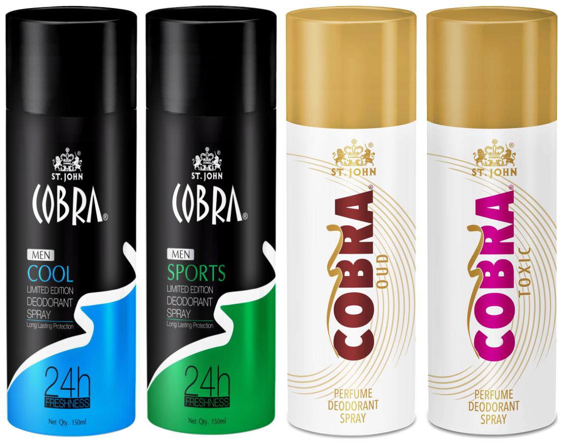 

ST-JOHN Cobra Deo Cool 150 ml Sports 150 ml Oud 150 ml Toxic 150 ml (Pack of 4)
