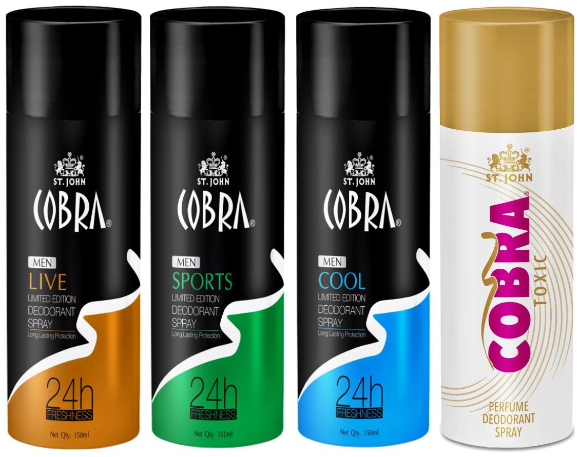 

ST-JOHN Cobra Deo Live 150 ml Cool 150 ml Sports 150 ml Toxic 150 ml (Pack of 4)