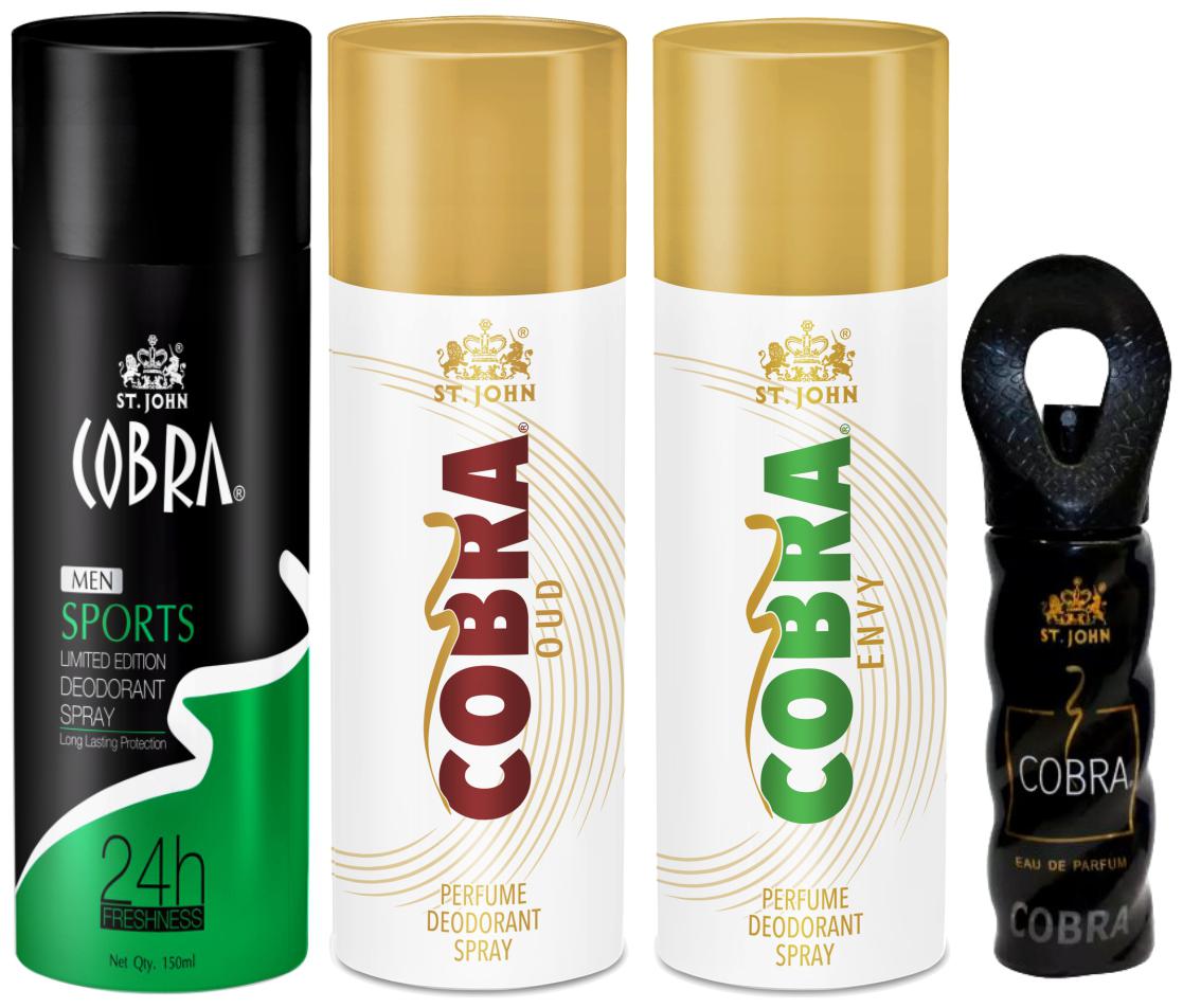 

ST-JOHN Cobra Deo Sports 150 ml Envy 150 ml Oud 150 ml Cobra Perfume 30ml (Pack of 4)