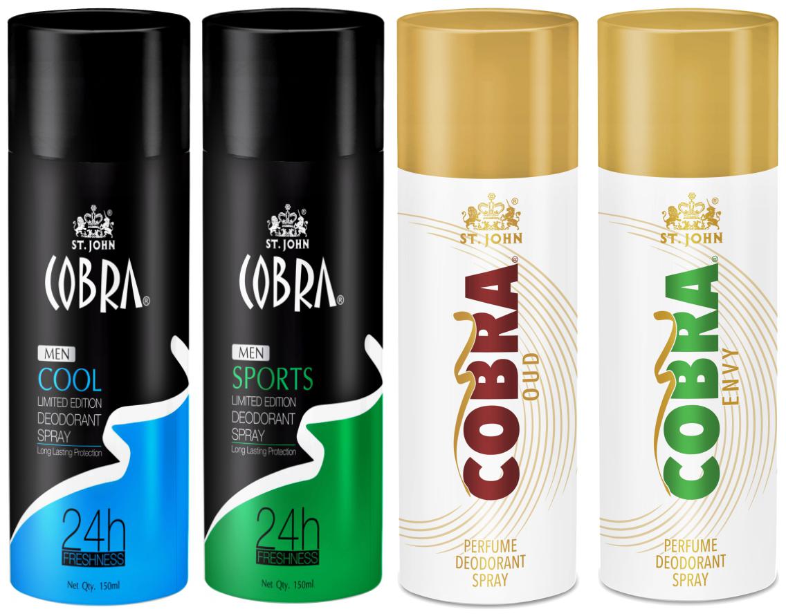 

ST-JOHN Cobra Deo Cool 150 ml Sports 150 ml Envy 150 ml Oud 150 ml (Pack of 4)