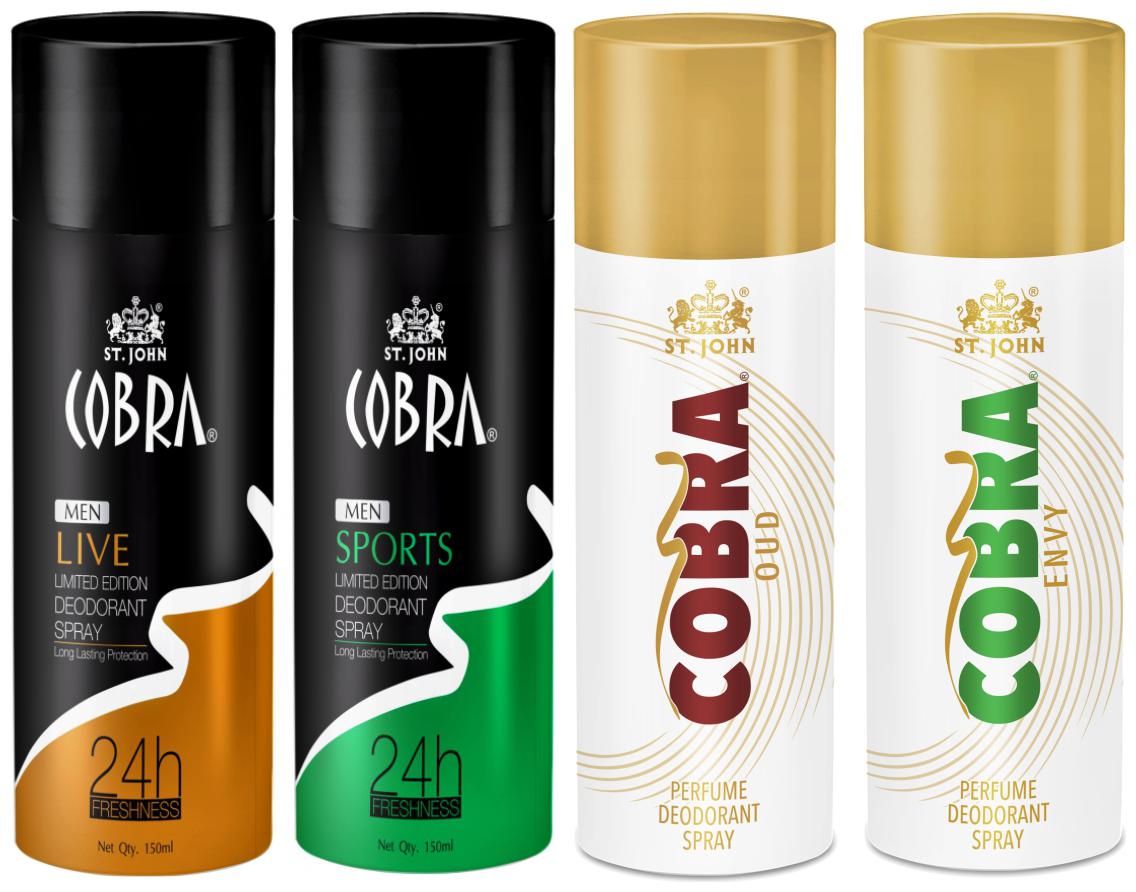 

ST-JOHN Cobra Deo Live 150 ml Sports 150 ml Envy 150 ml Oud 150 ml (Pack of 4)