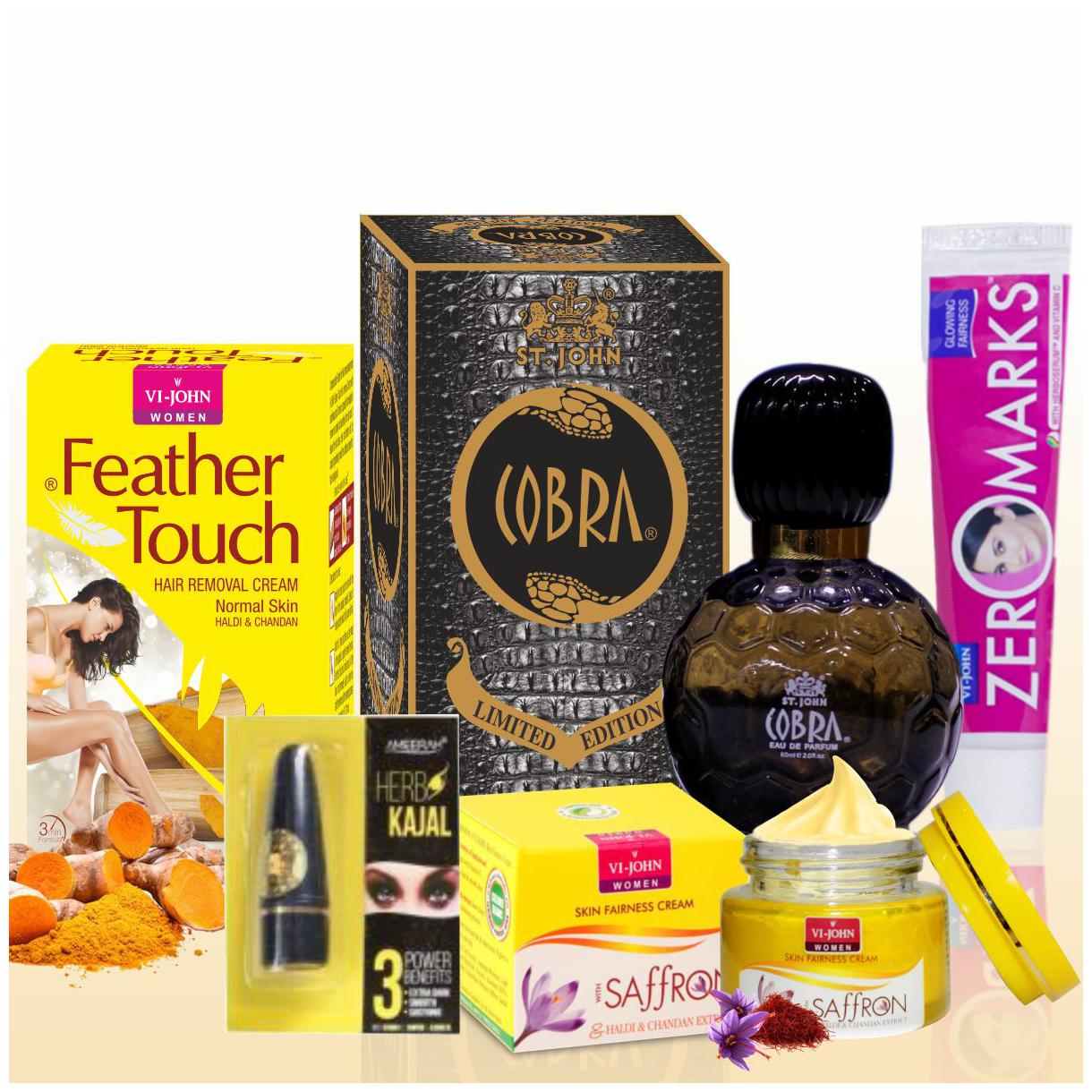 

St-John Women Beauty Set Hair Remover Aloevera 40g Saffron Day Fairness Cream 50g Zero Marks Cream 25g Perfume Cobra 60 ml Kajal 2 5g (Pack Of 5)