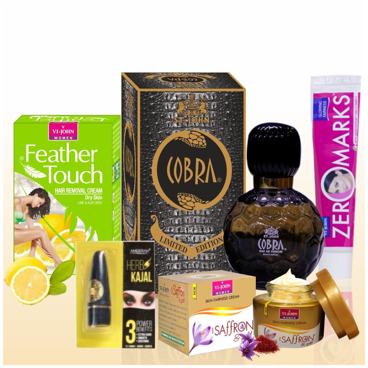 

St-John Women Beauty Set Hair Remover Haldi Chandan 40g Saffron Night Fairness Cream 50g Zero Marks Cream 25g Perfume Cobra 60 ml Kajal 2 5g (Pack Of 5)