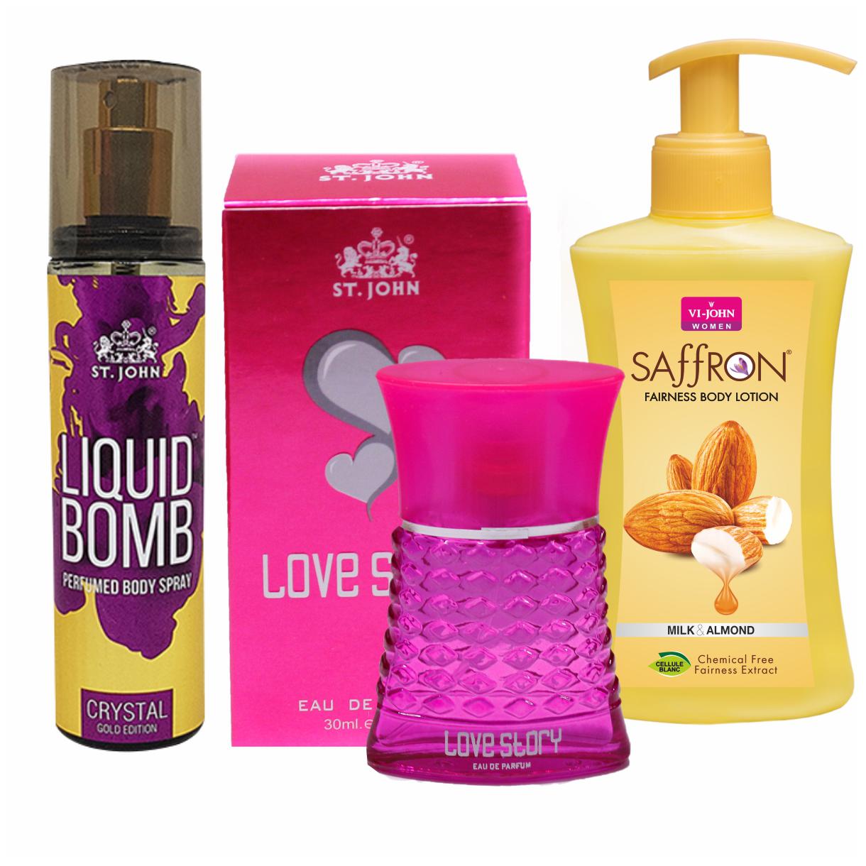 

ST-JOHN Women Care Kit ( Body Lotion Milk Almond 250ml Perfume Love Story 30ml Deo Gold Edition Crystal 150ml)