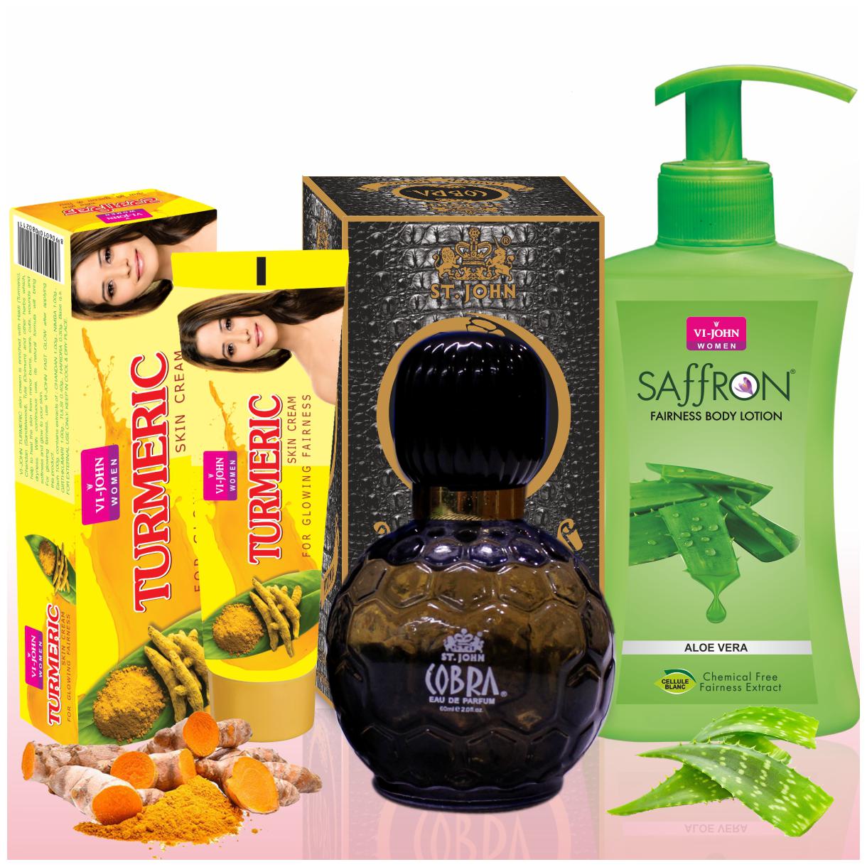 

St-John Women Care Kit Turmeric Cream 30g Body Lotion Aleovera 250ml Perfume Cobra 60 ml (Pack Of 3)