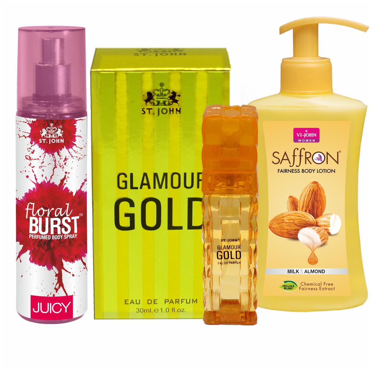 

ST-JOHN Women Care Kit (Body Lotion milk Almond 250ml Perfume Glamour Gold 30ml Deo Floral Burst Juicy 150ml )