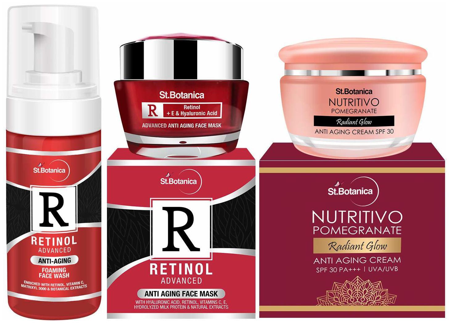 

StBotanica Aging Combo Retinol Face Wash 120ml Retinol Face Mask 50g Pomegranate Anti Aging Cream 50g Pack of 3