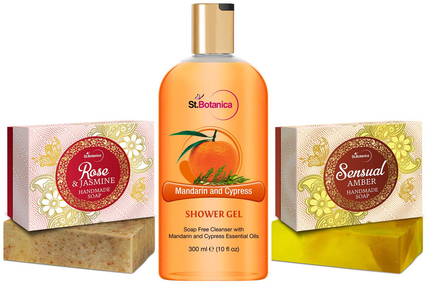 

StBotanica Bath Body Combo Rose Jasmine 125g Sensual Amber Soap 125g Mandarin Shower Gel 300ml (Pack of 3)