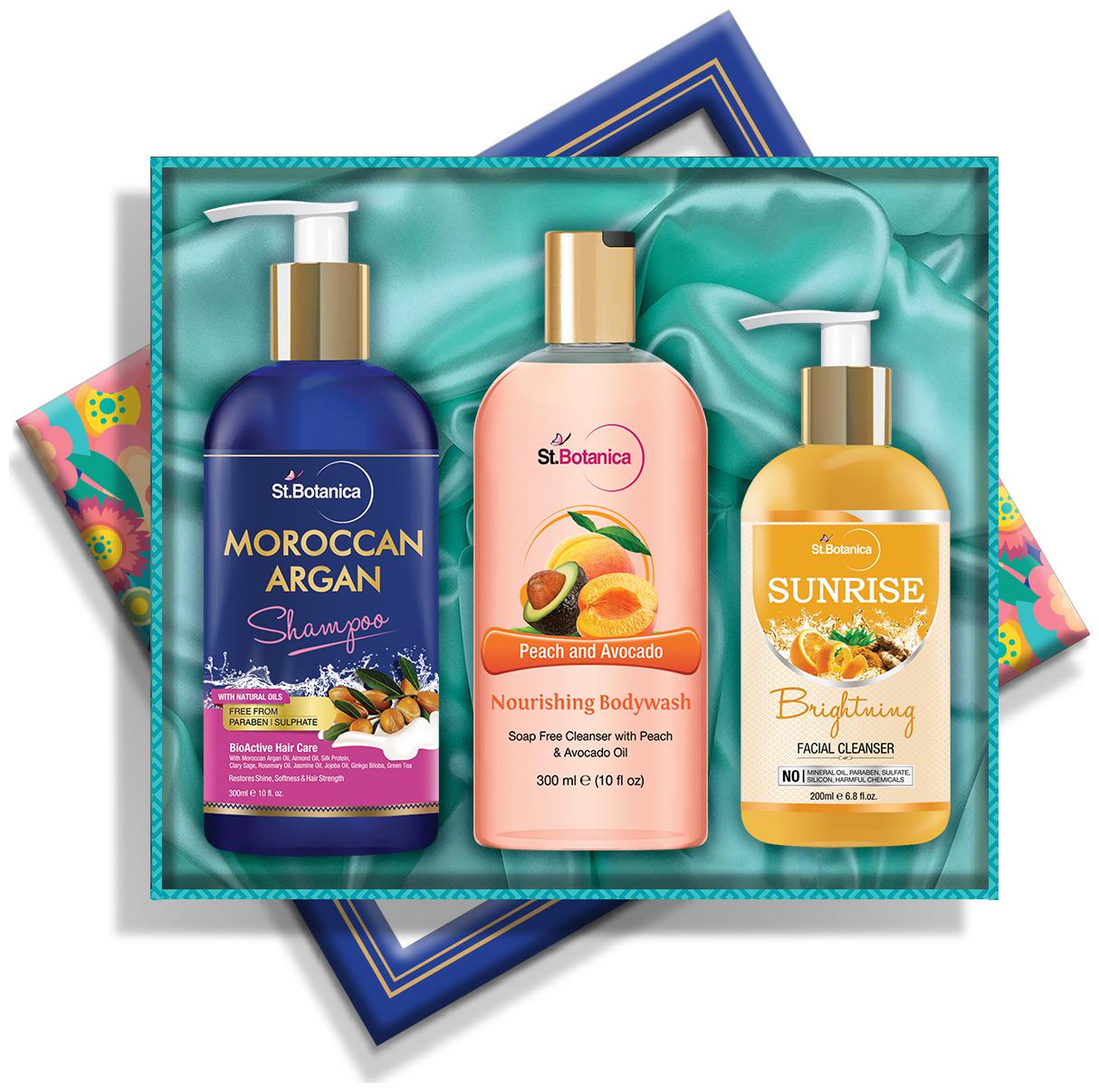 

StBotanica Body Kit Moroccan Argan Shampoo-300ml Peach Avocado Shower Gel-300ml Sunrise Cleanser-200ml