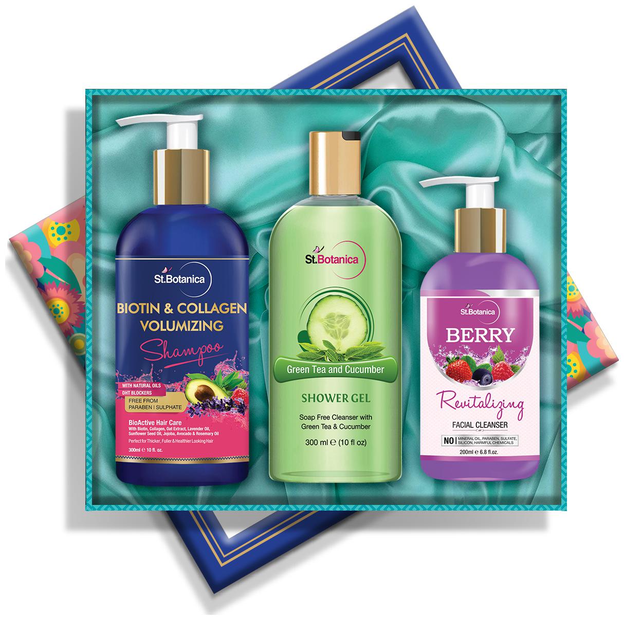 

StBotanica Body Kit Biotin Collagen Shampoo-300ml Green Tea Cucumber Shower Gel-300ml Berry Cleanser-200ml