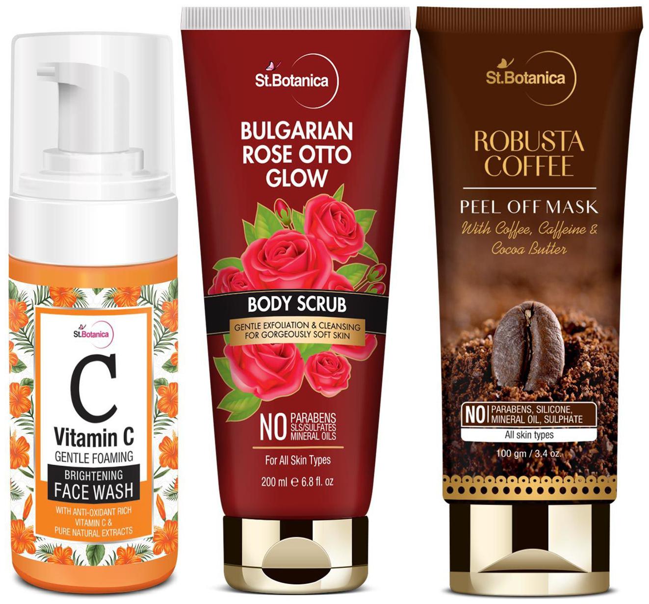 

StBotanica Robusta Coffee Combo Coffee Peel Off Mask 100g Bulgarian Rose Scrub 200ml Vitamin C Face Wash 120ml Pack of 3