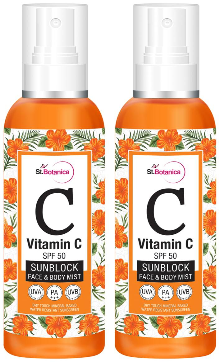 

StBotanica Vitamin C SPF 50 Sunblock Face Body Mist Sunscreen UVA UVB PA 120ml - Dry Touch Mineral Based Water Resistant (Pack Of 2 )