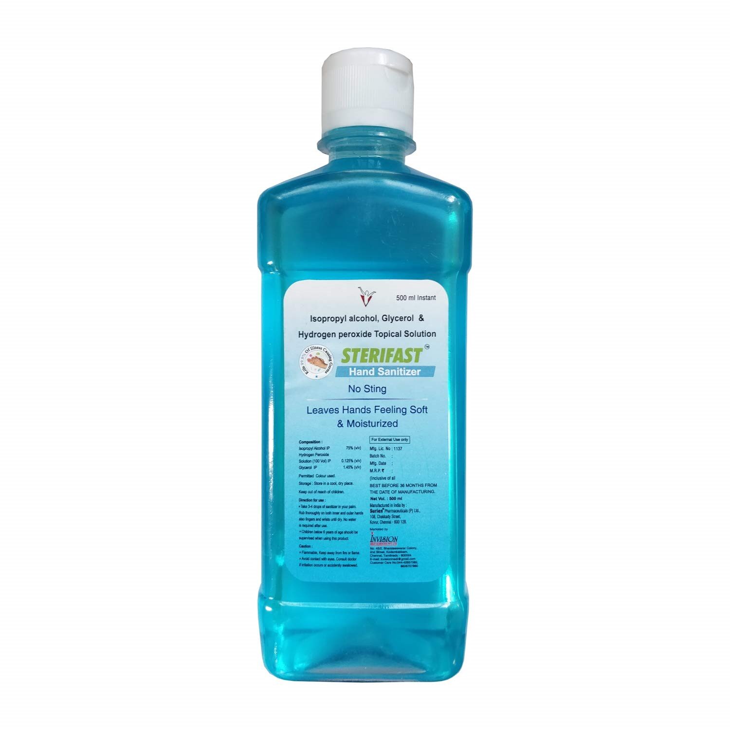 

Sterifast 75 Alcohol Based Hand Sanitizer WHO recommended formula 500ml