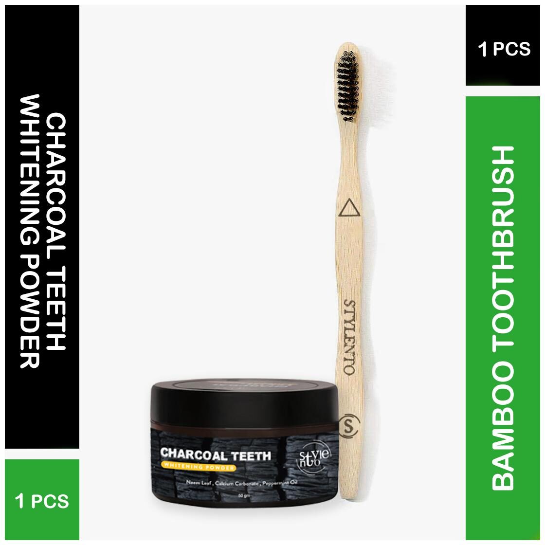 

Stylento Teeth Whitening Powder With Bamboo Toothbrush Soft Bristles Natural Whitening Fungus Free (Combo Kit)